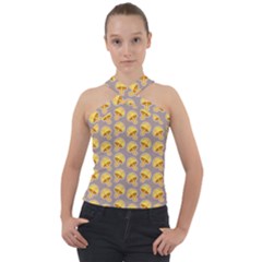 Yellow-mushroom-pattern Cross Neck Velour Top