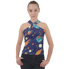 Space Galaxy Planet Universe Stars Night Fantasy Cross Neck Velour Top by Grandong