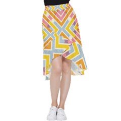 Line Pattern Cross Print Repeat Frill Hi Low Chiffon Skirt