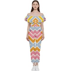 Line Pattern Cross Print Repeat Bardot Ruffle Jumpsuit