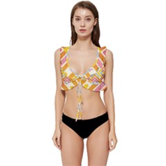 Line Pattern Cross Print Repeat Low Cut Ruffle Edge Bikini Top