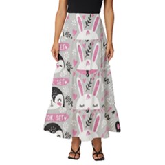 Big Set With Cute Cartoon Animals Bear Panda Bunny Penguin Cat Fox Tiered Ruffle Maxi Skirt