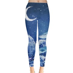 Whale Under Moon Red Watercolor Dolphins Pattern Leggings by CoolDesigns