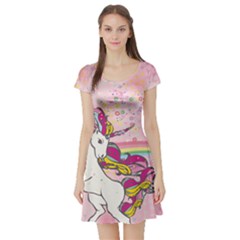 Golden Stars Purple Unicorn Seamless Short Sleeve Skater Dress by CoolDesigns