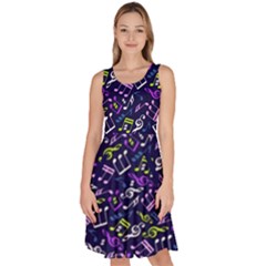 Dark Purple Music Notes Treble Clef Knee Length Skater Dress With Pockets by CoolDesigns