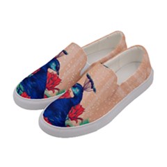Peach Peacock Feathers Design Pattern Womens Canvas Slip Ons by CoolDesigns