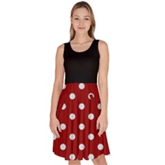 Red Polka Dots Black Knee Length Skater Dress With Pockets by CoolDesigns