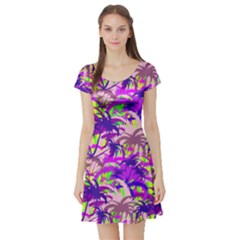 Purple Palm Trees Orange Hawaii 2 Short Sleeve Skater Dress by CoolDesigns