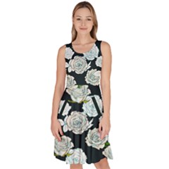 Dark Cyan Seamless Roses Flower Surf Knee Length Skater Dress With Pockets by CoolDesigns