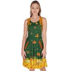 Pumpkin Green Autumn Leaf Pattern Knee Length Skater Dress With Pockets by CoolDesigns