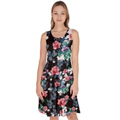 Roses Black Ink Floral Knee Length Skater Dress With Pockets by CoolDesigns
