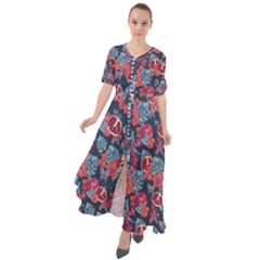 Hawaii Leaves Pomegranate Dark Blue Waist Tie Boho Maxi Dress by CoolDesigns