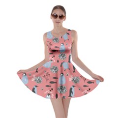 Cute Penguin With Fish Pattern Pale Violet Red Skater Dress by CoolDesigns