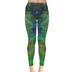 Space Green Stars Marijuana Leaf Pattern Leggings  by CoolDesigns