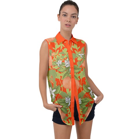 Red Orange Fruit Sleeveless Chiffon Button Shirt by CoolDesigns