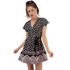 Ethnic Tribal African Aztec Black Flutter Sleeve Wrap Dress by CoolDesigns
