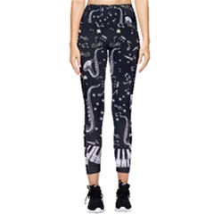 Play Music Dark Black Pattern Music Notes Pocket Leggings  by CoolDesigns