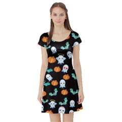 Kawaii Black Funny Ghost Prints Short Sleeve Skater Dress by CoolDesigns