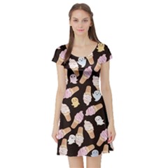 Ice Cream Dessert Black Kawaii Ghost Short Sleeve Skater Dress by CoolDesigns