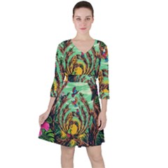 Monkey Tiger Bird Parrot Forest Jungle Style Quarter Sleeve Ruffle Waist Dress by Grandong
