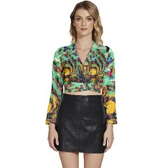 Monkey Tiger Bird Parrot Forest Jungle Style Long Sleeve Tie Back Satin Wrap Top