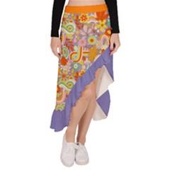 Autumn Fall Groovy Geometrice Hippie Retro Asymmetrical Ruffle Hem Skirt 