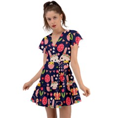 Bunny - Easter Pattern Flutter Sleeve Wrap Dress
