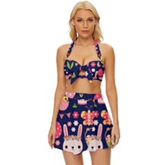 Bunny - Easter Pattern Vintage Style Bikini Top And Skirt Set 