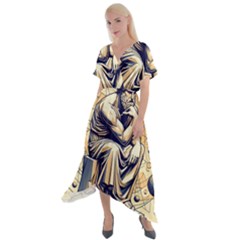 Thinker Sculpture Design Geometric Cross Front Sharkbite Hem Maxi Dress