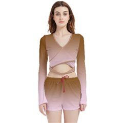 Chocolate Brown To Pink Lace Linear Gradient Velvet Wrap Crop Top And Shorts Set