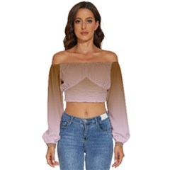 Chocolate Brown To Pink Lace Linear Gradient Long Sleeve Crinkled Weave Crop Top