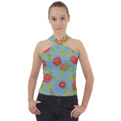 Mid Century Retro Floral 1970s 1960s Pattern 78 Cross Neck Velour Top
