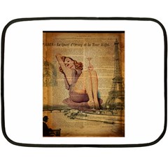 Vintage Newspaper Print Pin Up Girl Paris Eiffel Tower Mini Fleece Blanket (two Sided) by chicelegantboutique