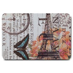 Vintage Clock Blue Butterfly Paris Eiffel Tower Fashion Large Door Mat by chicelegantboutique