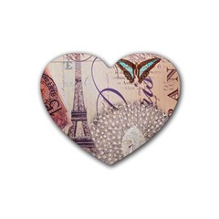 White Peacock Paris Eiffel Tower Vintage Bird Butterfly French Botanical Art Drink Coasters (heart) by chicelegantboutique