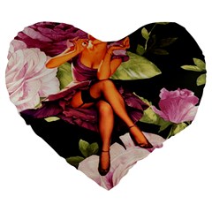 Cute Gil Elvgren Purple Dress Pin Up Girl Pink Rose Floral Art 19  Premium Heart Shape Cushion