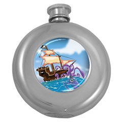 Pirate Ship Attacked By Giant Squid Cartoon  Hip Flask (round) by NickGreenaway