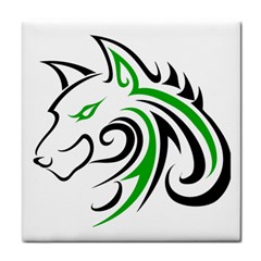 Green And Black Wolf Head Outline Facing Left Side Tile Coaster by WildThings