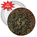 Elegant Clef With Floral Elements On A Background With Damasks 3  Buttons (10 pack) 
