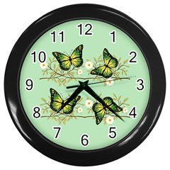Four Green Butterflies Wall Clocks (black) by linceazul