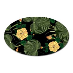 Tropical Vintage Yellow Hibiscus Floral Green Leaves Seamless Pattern Black Background  Oval Magnet by Sobalvarro