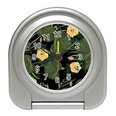 Tropical Vintage Yellow Hibiscus Floral Green Leaves Seamless Pattern Black Background  Travel Alarm Clock by Sobalvarro