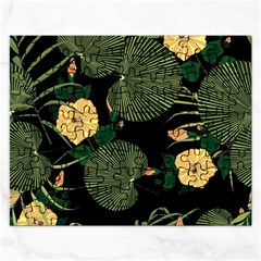 Tropical Vintage Yellow Hibiscus Floral Green Leaves Seamless Pattern Black Background  Rectangular Jigsaw Puzzl by Sobalvarro