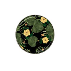 Tropical Vintage Yellow Hibiscus Floral Green Leaves Seamless Pattern Black Background  Hat Clip Ball Marker (4 Pack) by Sobalvarro