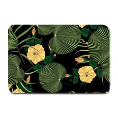 Tropical Vintage Yellow Hibiscus Floral Green Leaves Seamless Pattern Black Background  Plate Mats by Sobalvarro