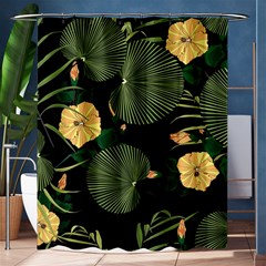 Tropical Vintage Yellow Hibiscus Floral Green Leaves Seamless Pattern Black Background  Shower Curtain 60  X 72  (medium)  by Sobalvarro