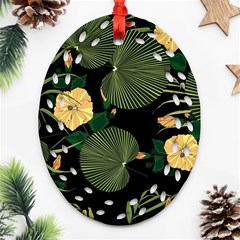 Tropical Vintage Yellow Hibiscus Floral Green Leaves Seamless Pattern Black Background  Oval Filigree Ornament (two Sides) by Sobalvarro