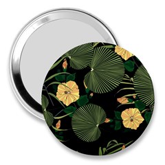 Tropical Vintage Yellow Hibiscus Floral Green Leaves Seamless Pattern Black Background  3  Handbag Mirrors by Sobalvarro