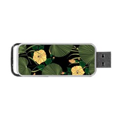 Tropical Vintage Yellow Hibiscus Floral Green Leaves Seamless Pattern Black Background  Portable Usb Flash (one Side) by Sobalvarro