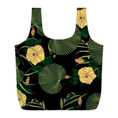 Tropical Vintage Yellow Hibiscus Floral Green Leaves Seamless Pattern Black Background  Full Print Recycle Bag (l) by Sobalvarro